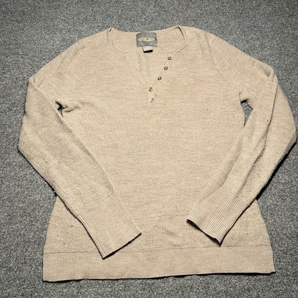 Wicked Wool Sweater Womens Medium Tan 100% Extrafine Merino Wool Henley Knit